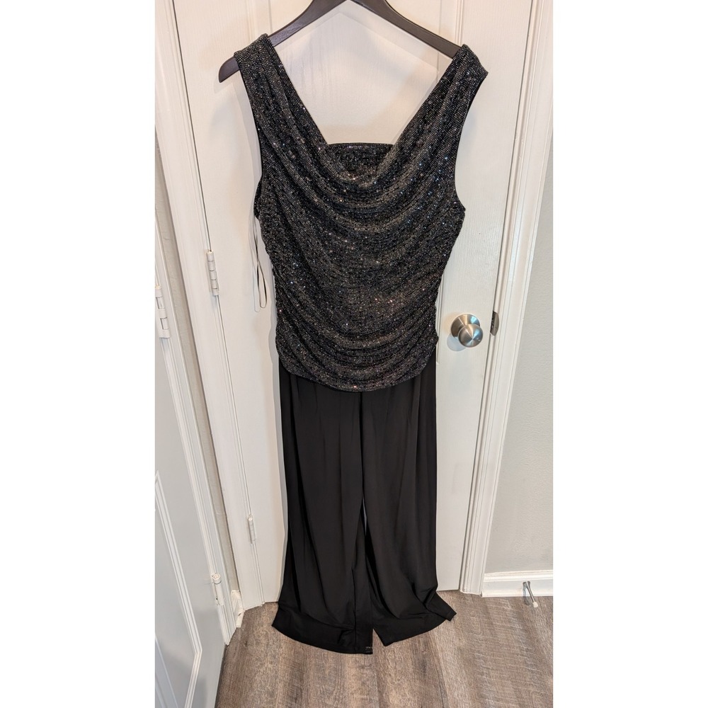 Roz & Ali Womens Wide Leg Jumpsuit 14W Black Metallic Sequined Ruched Drape Neck